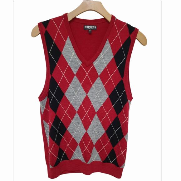 Express V Neck Argyle Sweater Vest Merino Wool Men's L Red Black Gray Preppy EUC - Picture 1 of 9